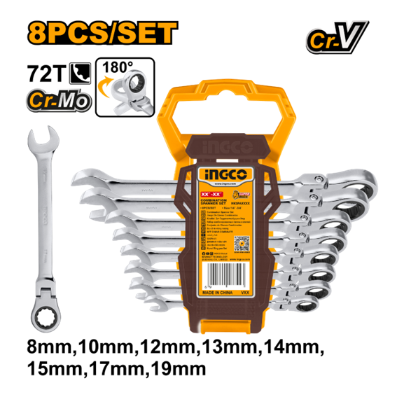 JOGO CHAVE COMBINADA CATRACA FLEX 8-19MM 8PEÇAS HKSPA INGCO